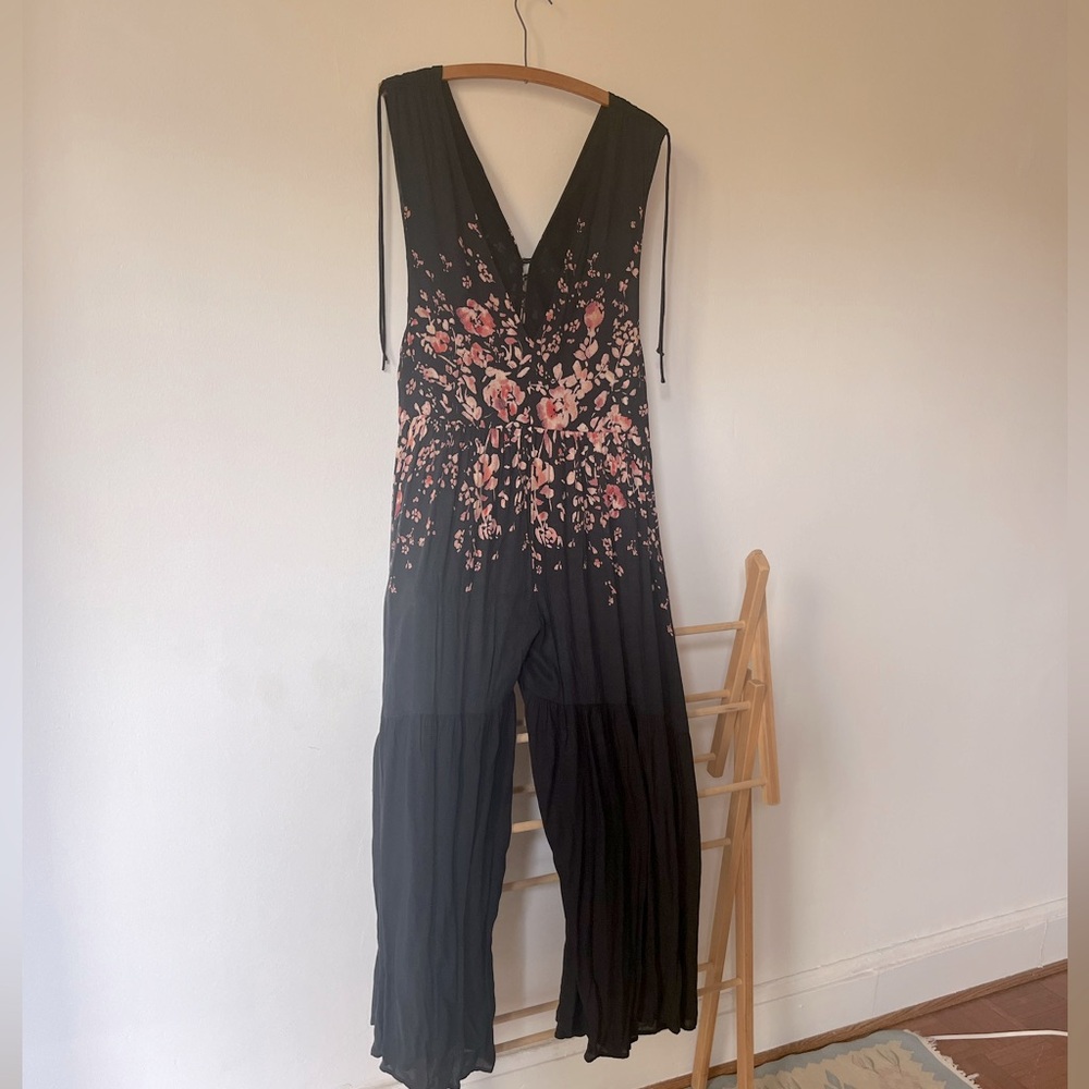 UO Black Flowy Jumpsuit - floral details and brass buttons - S -